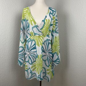 Original Anthony Swimsuit Coverup Faux Wrap Bell Sleeve Blue Green Sheer 70's